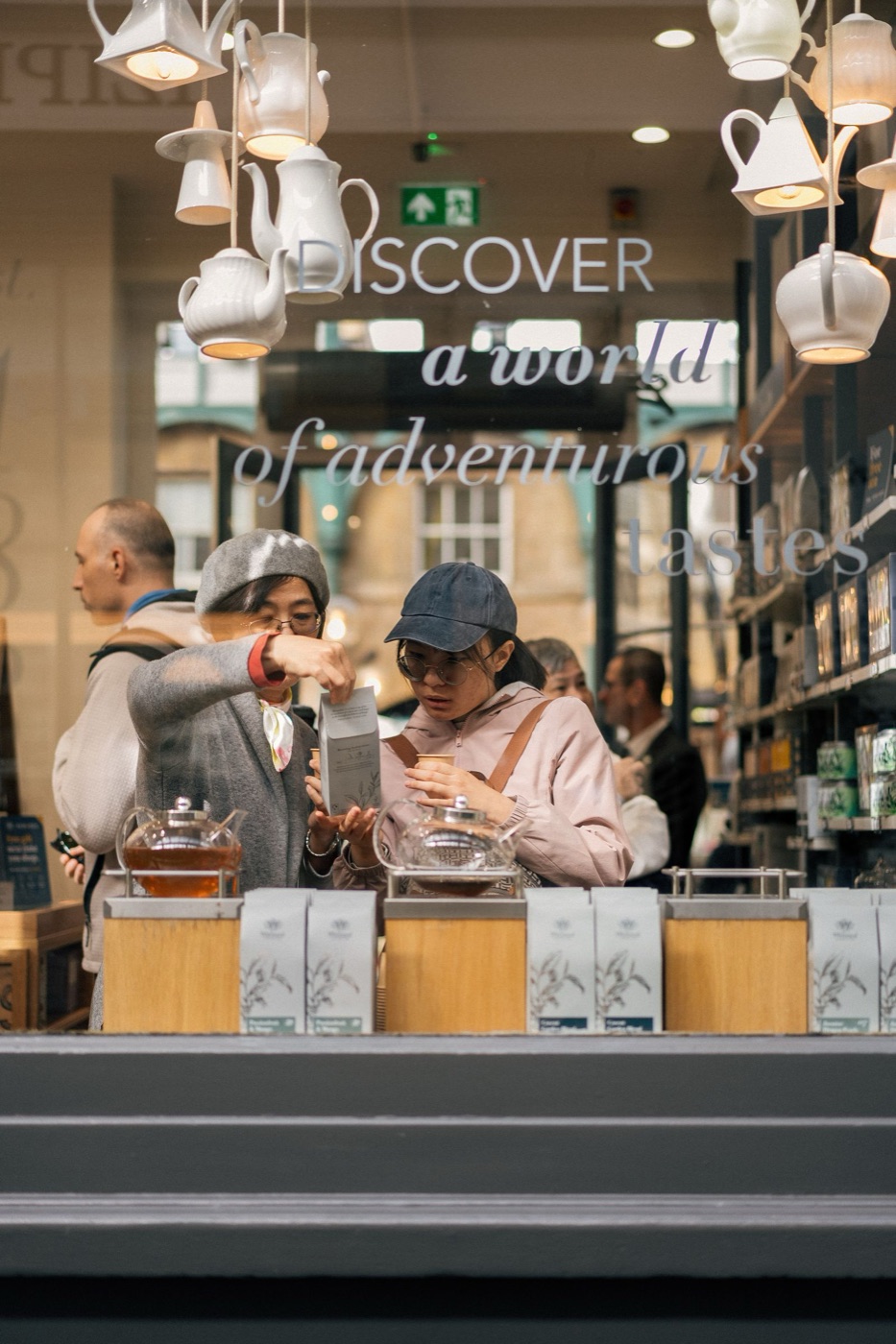 Tea shop window with packaged teas